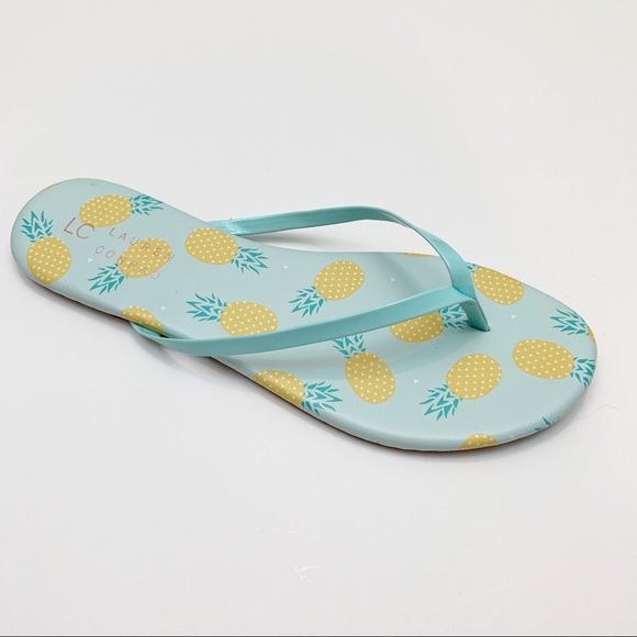 LC LAUREN CONRAD Sandals Flip Flops Pineapple Beach Summer Yellow Aqua Sizes 7 9 - Picture 3 of 8